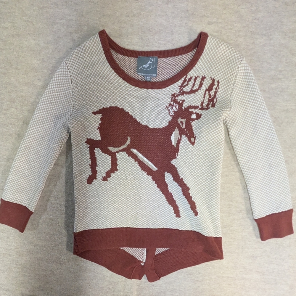Knitted Dove Anthropologie Cotton Checkered Deer Pull Over Sweater Size XS